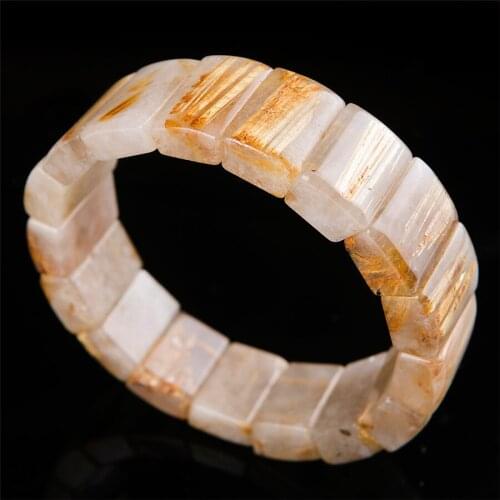Unique Genuine Natural Gold Rutilated Quartz Bracelet Women Men Crystal Stretch Rectangle Bead Bangle Bracelet