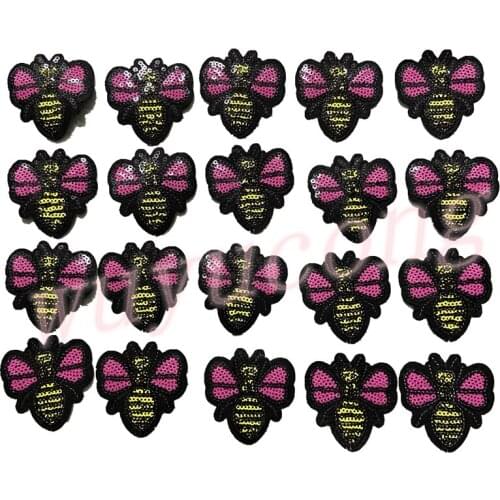 WUYUCONG 20pcs Small Hot Pink Bee Patches Iron on Insect Sequined Embroidery Appliques for Clothes Shoes Hats