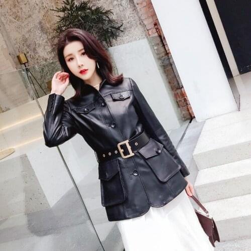 2020 Spring Autumn womens high quality real leather coat Korean style slim fit eleant leather jackets B646