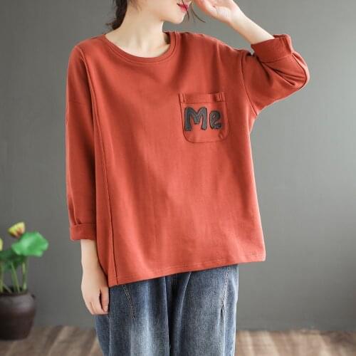 FairyNatural Retro Ladies Loose Casual Tops 2021 Female O-Neck Long Sleeved Patchwork Pocket Casual Pullovers Autumn Spring