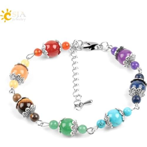 CSJA 8mm Natural 7 Chakra Women Bracelets Gem Stone Beads Rainbow Flower Charms Lobster Clasp Link Chain Meditation Jewelry E449