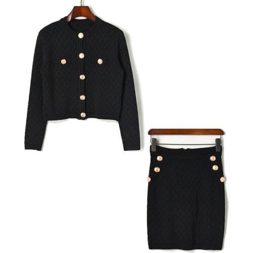 2020 Spring fall Womens long Sleeve Sweater Suit Set Buttons Two Piece Knitted plaid cardigan + Bodycon Mini Skirt Set JC350
