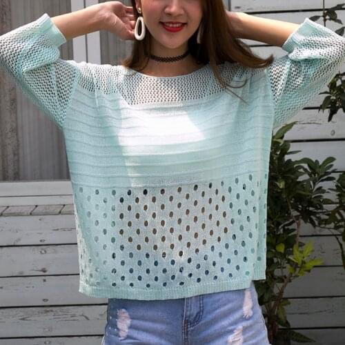 Ladies Summer Hollow Out Pull Knitted Causal Tops Ladies Knitwear Fashion Jumper Solid Women Pullovers Korea Knitwear Female