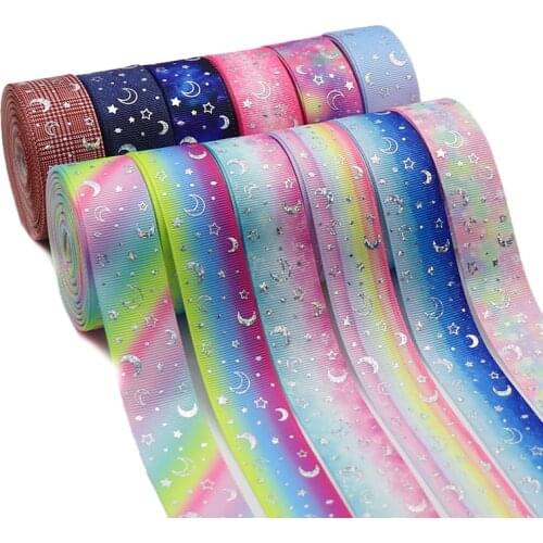 1" 25mm 5 Yards Grosgrain Ribbons Glitter Laser Silver Foil Star Moon Printed Gift Packaging DIY Handmade Materials 18062603