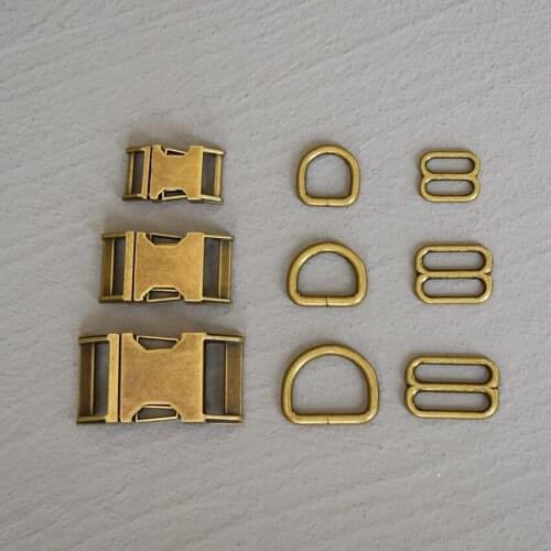 10 Sets 15/20/25mm Bronze Metal Hardware D Ring Belt Straps Slider Side Release Buckle Spring Hook For Dog Collar Accessories