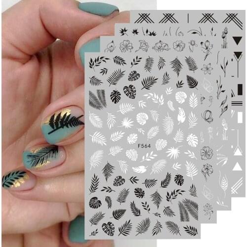 1 Sheet Black White Leaves 3D Nail Stickers Adhesive Transfer Sticker Decals Geometric Flower Lines Nail Art Decals Decorations