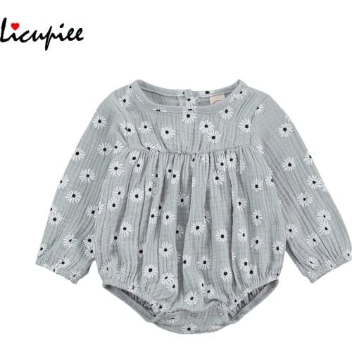 Baby Print Bodysuit Fashion Casual Newborn Casual Style Romper, Toddler Long Sleeve Round Neck Daisy Print Playsuit 0-18 Months