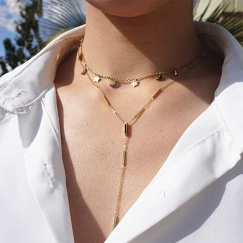 New Women Gold Silver Color NO Fade Stainless Steel Bamboo Chain 2 Layers Multilayer Girl Stars Moon Y Pendant Necklaces Choker