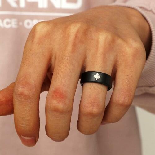 MOREDEAR Black 8mm Titanium Ring For Men And Women Maple Leaf Ring