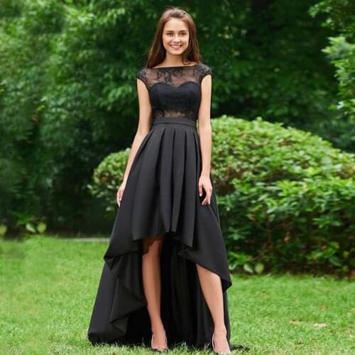 Hi-Low Black Evening Dresses A-line Jewel Sweep/Brush Sleeveless Button Applique Party Gowns Fashion Draped Exquisite
