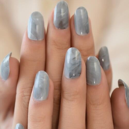 Marble Texture Oval False Nail Kunstnagels Grey Color Press On Nails Extension Manicure Tools Unghie Finte Tips
