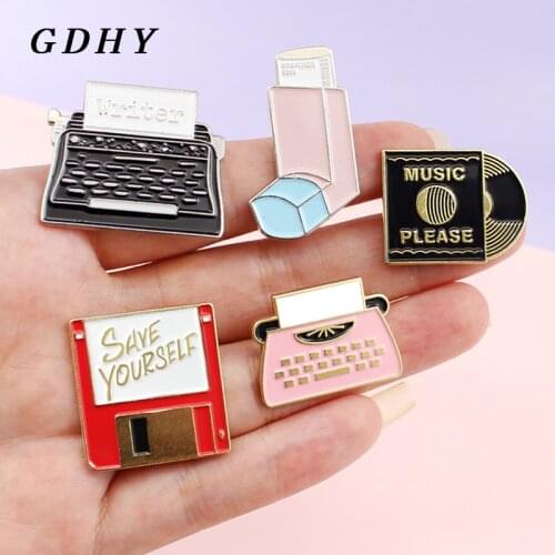 GDHY Fashion Cartoon Typewriters Writer Save yourself USB Disk Music Pleasen CD Enamel Pins Brooches Badges Jewelry Lapel Bijoux