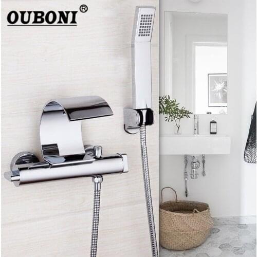 OUBONI BChrome Polished athroom Bathtub Wall Mounted Solid Brass Waterfall Spout Dual Control hand Sprayer Shower Faucet Sets