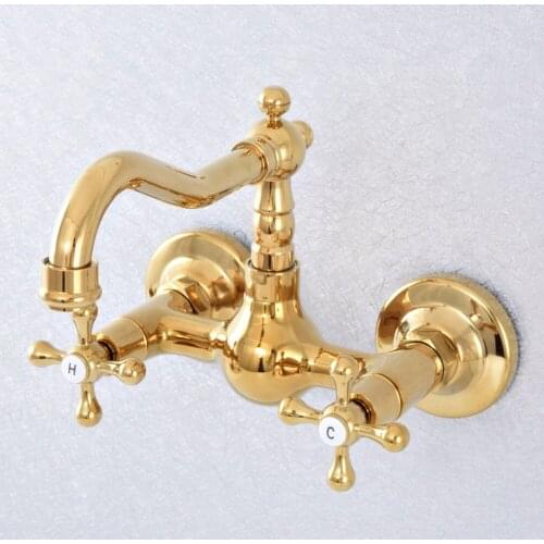 Bathroom Flower Gold Polished Brass Wall Mount Kitchen Sink Faucet Dual Handle Basin Mixer Tap