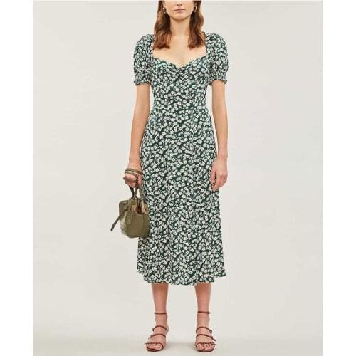 Spring Summer Women Square Collar Mid-Calf Dress Split Puff Sleeve 100% Viscose Flower Print Beach Style Long Dress New