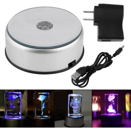 LED Base Rotating Crystal Display Base LED Light Holder Night Light Replacement 7 Colorful Stand US Adapter With USB Cable