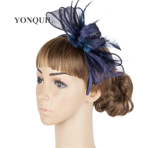 Navy Sinamay Wedding Headwear For Bridal Mariage Fascinator Hats Headband Ladies Wedding Church Fancy Headdress Hair Accessory