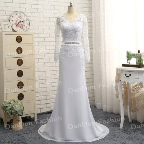 Real Photo Sheath Column Long Sleeves Scoop Appliques Crystal Beaded Custom Made Tulle Belt Bridal Gown Wedding Dresses