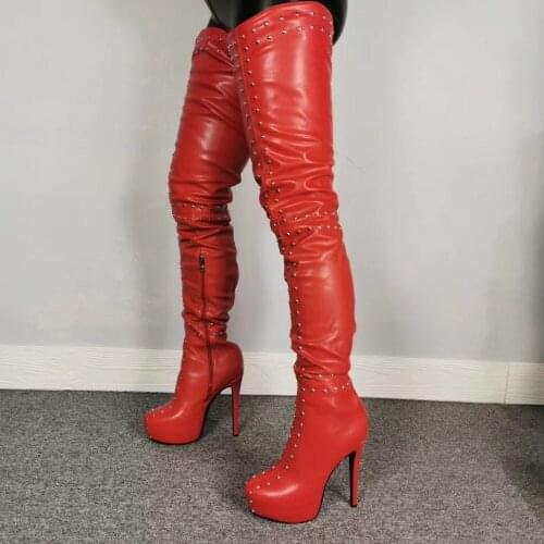 Over Knee Woman Platform Thigh High Boots Sexy Studded Stiletto Thin Heels Boots Black Red Party Shoes Women Plus US Size 5-15