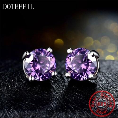 DOTEFFIL 925 Sterling Silver Earrings Inlaid Crystal Four Claw Earrings Men Women Fashion Charm Jewelry