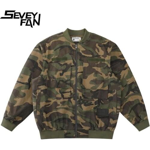 SEVEYFAN Hi Street Mens Fashion Camouflage Bomber Jacket Hip Hop Streetwear Oversize Cargo Coat for Male
