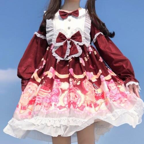Sweet Lolita bear party cute op long sleeve dress autumn bowknot lace victorian dress kawaii girl gothic lolita op loli cos