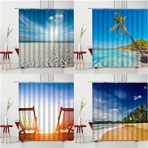 Seaside In Summer Scenery Waterproof Shower Curtain Coconut Tree Sunshine Sandy Beach Deck Chair Bathtub Decoration