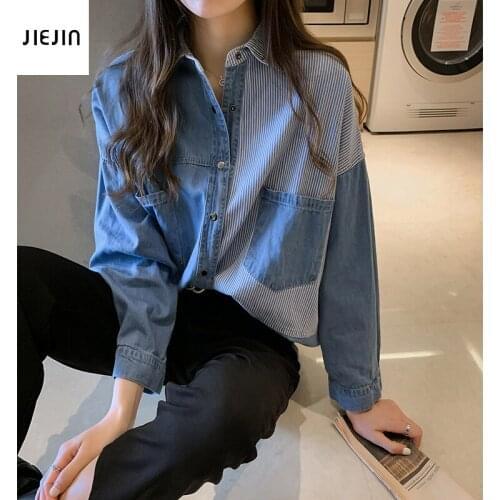 Womens Shirt Blue Blouse Clothing for Women Tops Turn Down Collar Patchwork Denim Blouses Shirts Haut Chemise Femme