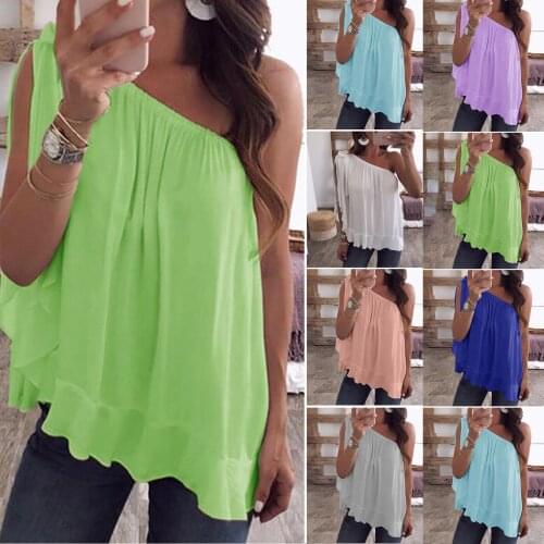 Plus Size Women Ladies Chiffon One Off Shoulder T-Shirt Loose Tops Casual Skew Collar Vest