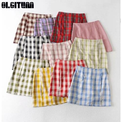 2020 Summer Harajuku Womens High Waist Pencil Glaid Skirt Streetwear College Retro Girl Sexy Skirt Elegant Bag Hip Mini Skirt