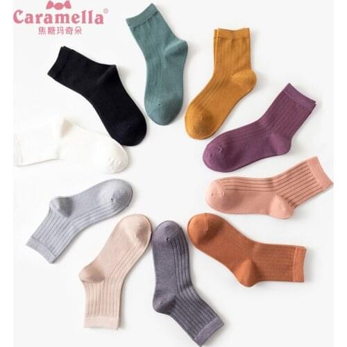 Caramella 1 Pair Striped Cotton Women Socks Khaki Knitted Cashmere Fall Winter Warm Young Girls Socks Solid Color Hosiery