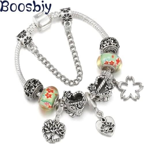 Silver Plated Snake Chain Charm Bracelet With Heart Tree Pendant Fashion Brand Pulseras For Women Simple Jewelry Gift