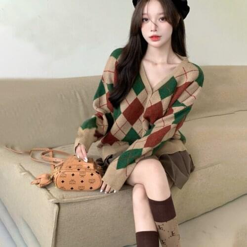 Autumn Winter V Neck Green Argyle Knitted Cardigan Sweater Women Single Breasted Oversized Crochet Outerwear Female
