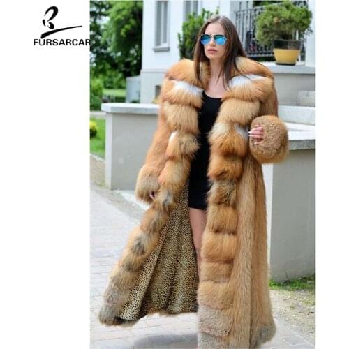 FURSARCAR 130cm Top Women Coat Real Fox Fur Top Genuine Red Fox Long Coats High Quality Noble Genuine Luxury Woman Outwear
