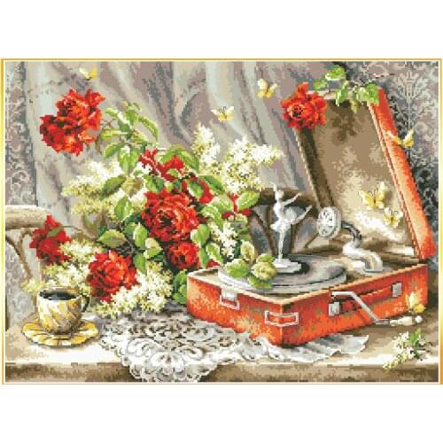 Gold Collection Lovely Counted Cross Stitch Kit Nostalgic record player and rose Swan Lake Dance Industrial Age Vintage Chic