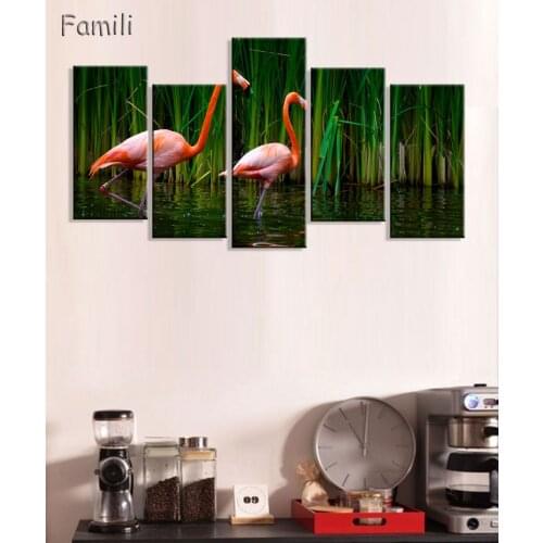 5panel/set Painting Flamingo Playing In The Water Rectangle Wall Pictures For Living Room Wall Art Posters And Prints Home Decor