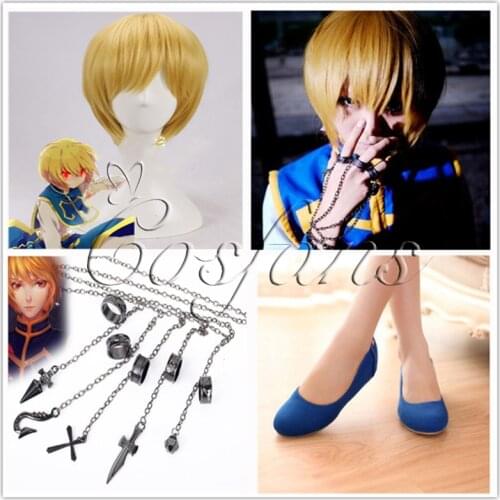Anime Hunter x Hunter Kurapika Cosplay Costume Prop Metal Ring Accessories HUNTER x HUNTER Kurapika Kurta Cosplay blue shoes WIG