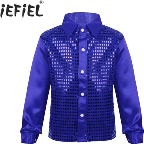 IEFiEL Kids Boys Glittery Sequined Masquerade Night Parties Spread Collar Shirt for Choir Jazz Dance Costumes Stage Performance