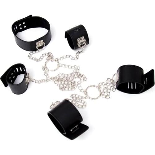 Faux Leather Full Body SM Bondage Metal Chained Neck Collar Hand and Ankle Restraint Set with Pad Locks Sex Products