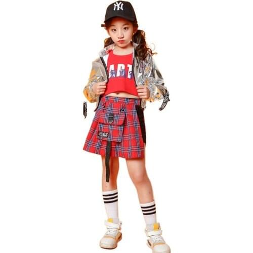 Kids Hip Hop Clothing Jazz Dance Costume for Girls Silver Jacket Crop Tank Tops Skirt Stage Ballroom Dancing Streetwear