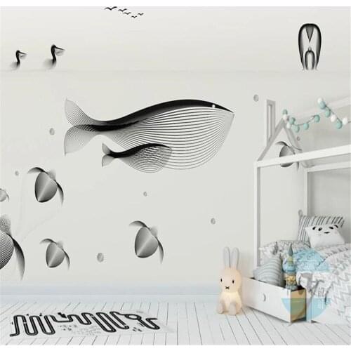 Milofi custom size 3D printing wallpaper mural Nordic minimalist abstract lines whale sea childrens house background