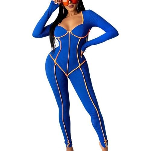 Ribbed Jumpsuit Women Sexy Long Sleeve Bodycon Striped Patchwork Fitness Playsuit Romper Streetwear Jumpsuits Body Femme 2021