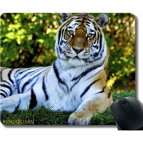 Mouse Pad With Stitched Edge,Tiger Predator Grass Big Cat Lying 56560 Gaming Mouse Mat