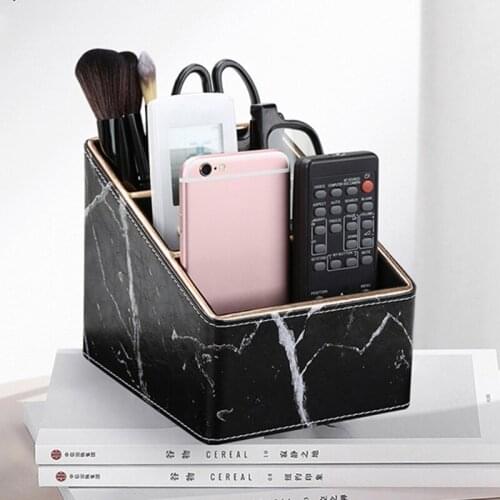 Multi-function Marble Leather Desk Stationery Organizer Pencil Holder Mobile Phone Remote Control Storage Box P9YA