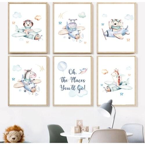 Cartoon Aviator Lion Zebra Hippo Giraffe Wall Art Canvas Painting Nordic Posters And Prints Wall Pictures For Kids Room Decor