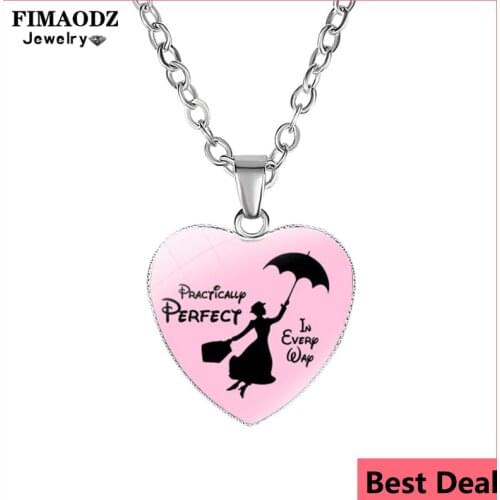 FIMAODZ Mary Poppins Necklace Trendy Movie Photo Charm Heart Crystal Pendant Necklaces for Women Kids Jewelry