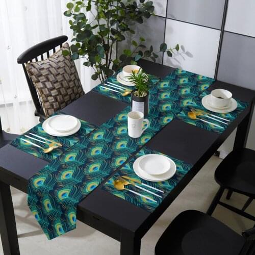 Peacock Feather Cyan Table Runner Holiday Kitchen Dining Table Runners Place Mats Set for Home Party Decor