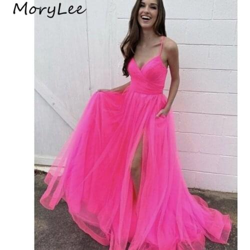 Prom Dresses V-Neck Spaghetti Straps A-Line Soft Tulle Side Slit Prom Dresses With Zipper Back vestidos de fiesta de noche