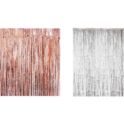 2Pc 1X3M Thick Rain Silk Curtain, Background Wall Decoration Rain Silk Curtain, Tassel Flower-Rose Gold & Silver