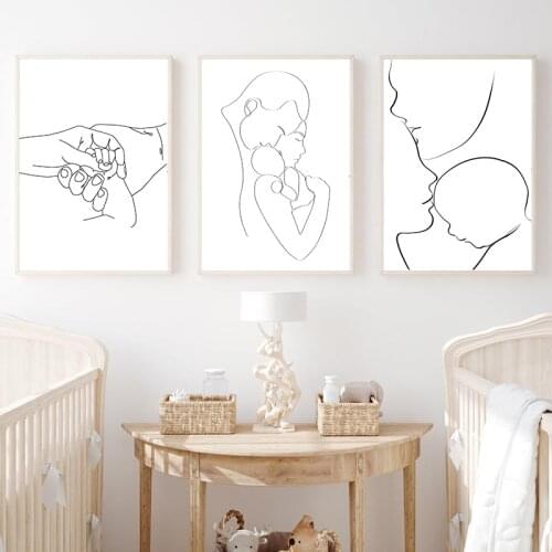 Family Portrait Mom Dad Baby Line Drawing Posters Art Prints Abstract Minimalist Wall Canvas Painting Nursery Decorative Picture